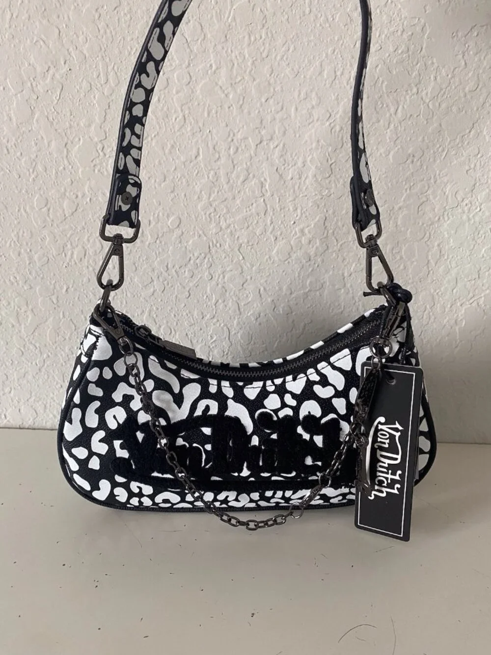Von Dutch White Black Cheetah Animal Print Shoulder Bag Purse W/Charm NEW
